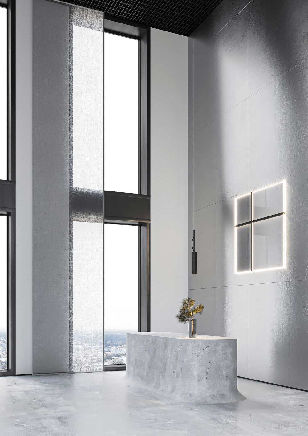 高級灰色系大廳背景裝修設(shè)計墻效果圖