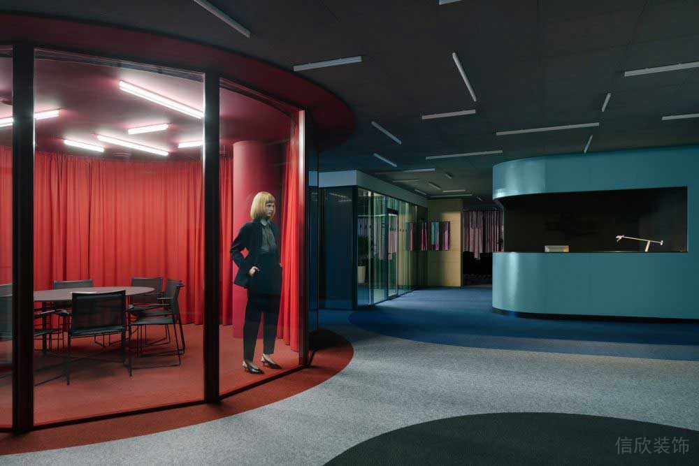 環(huán)形紅色創(chuàng)意玻璃隔斷洽談室藝術(shù)現(xiàn)代工作室裝修