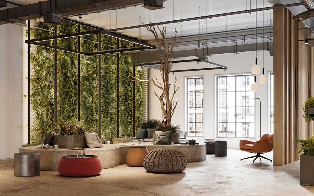 日式園林風綠化木飾面大廳休息區(qū)榻榻米彩色座椅沙發(fā)效果