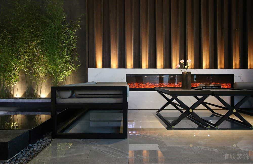 火焰加濕器墻體木質(zhì)鏤空條紋設(shè)計效果圖大理石地板大堂休息區(qū)