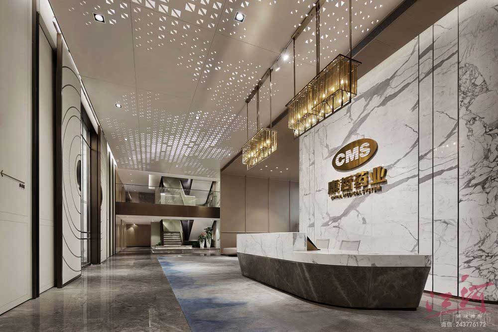 卡拉拉白大理石自然肌理墻體背景板設(shè)計(jì)水晶鎏金吊頂前臺(tái)區(qū)裝修效果