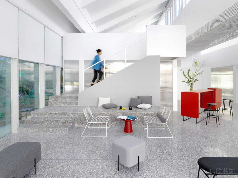 水磨石過道階梯式創(chuàng)意金屬大廳休息區(qū)客戶洽談室定制設(shè)計工作室裝修