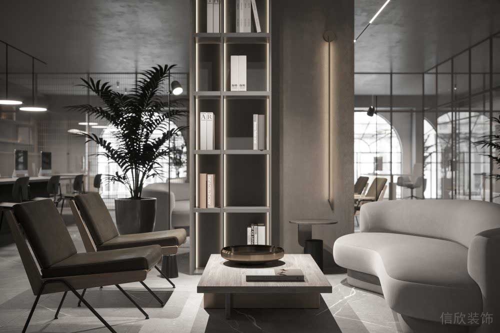 商務(wù)風(fēng)灰色調(diào)高級感現(xiàn)代藝術(shù)弧線沙發(fā)辦公室會議室裝修