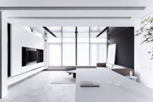 客廳裝修黑白色調(diào)現(xiàn)代簡(jiǎn)約風(fēng)休息區(qū)智能窗簾裝修圖