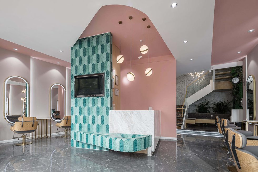 發(fā)型設計店鋪現代馬克龍色系裝修收銀臺效果