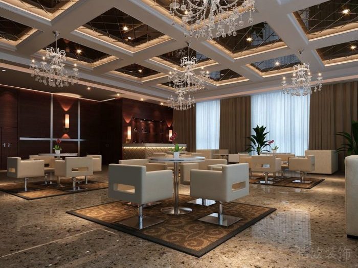 格子天花大理石地板水晶天花吊頂開放式休息區(qū)裝修設(shè)計(jì)