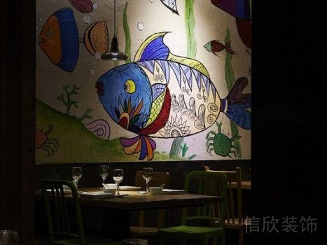 墻體繪制兒童手繪壁畫裝修童趣餐廳暗色調(diào)燈飾設(shè)計就餐區(qū)裝修設(shè)計