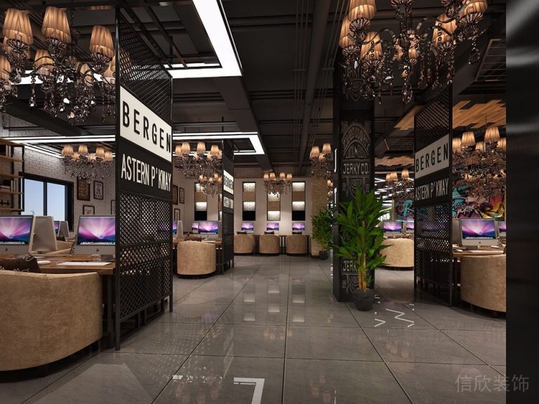 大理石過道休息區(qū)天花吊頂裝修鏤空金屬墻體網(wǎng)吧設(shè)計