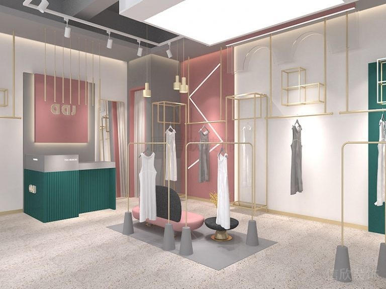 服裝店鋪裝修設(shè)計(jì)假想圖金屬管道掛衣區(qū)水磨石地板現(xiàn)代效果