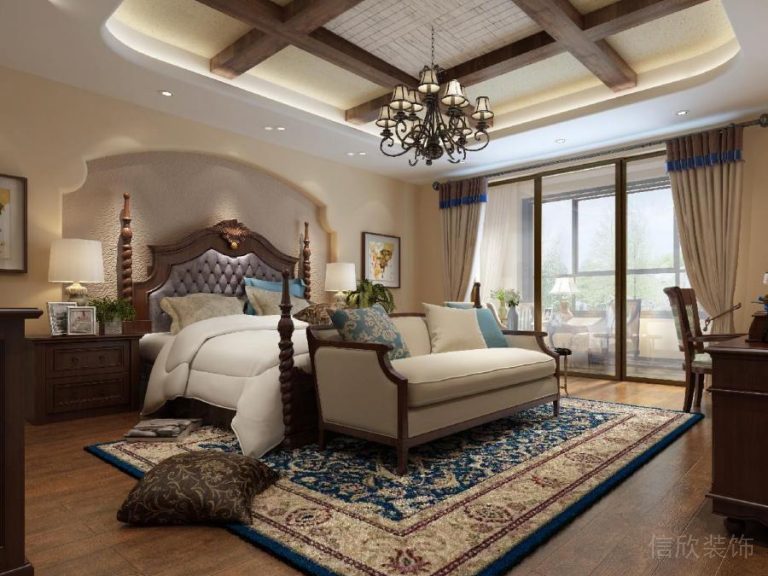 宮廷風(fēng)主臥裝修效果民族風(fēng)地毯裝修木質(zhì)井字格天花效果