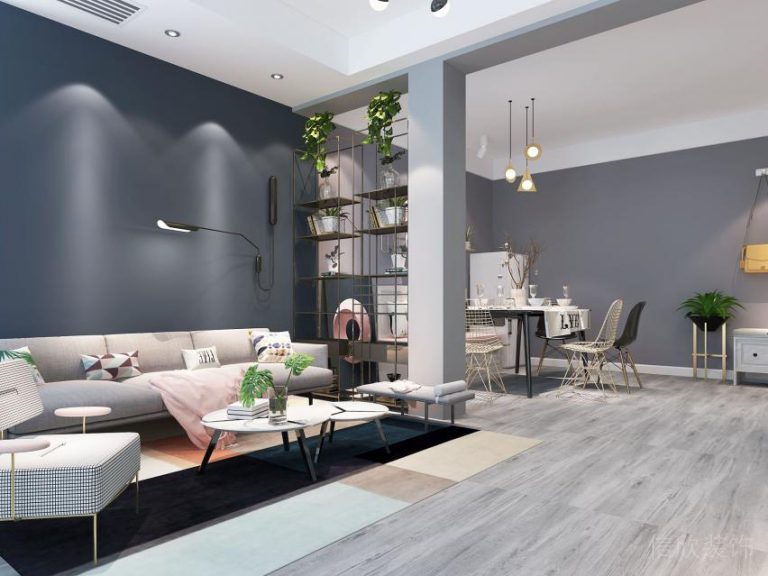 客廳裝修效果圖灰色墻體設計射燈布藝沙發(fā)實木地板裝修