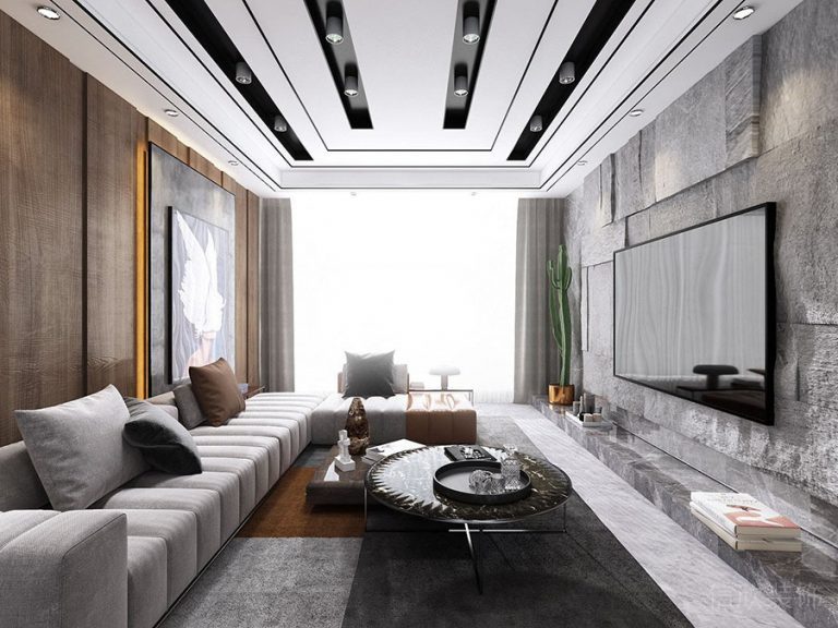 布藝沙發(fā)木飾面背景墻天花吊頂裝修設計效果圖