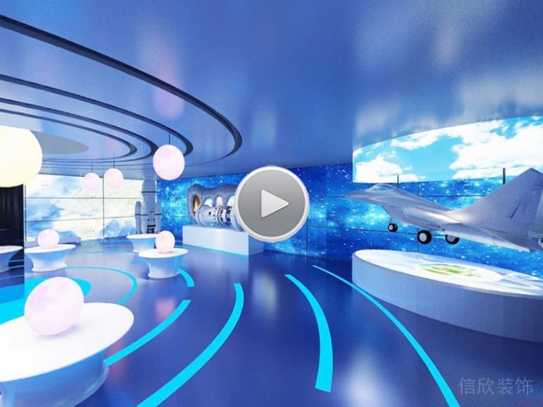 科技館展示區(qū)背景墻圓形天花吊頂裝修設(shè)計