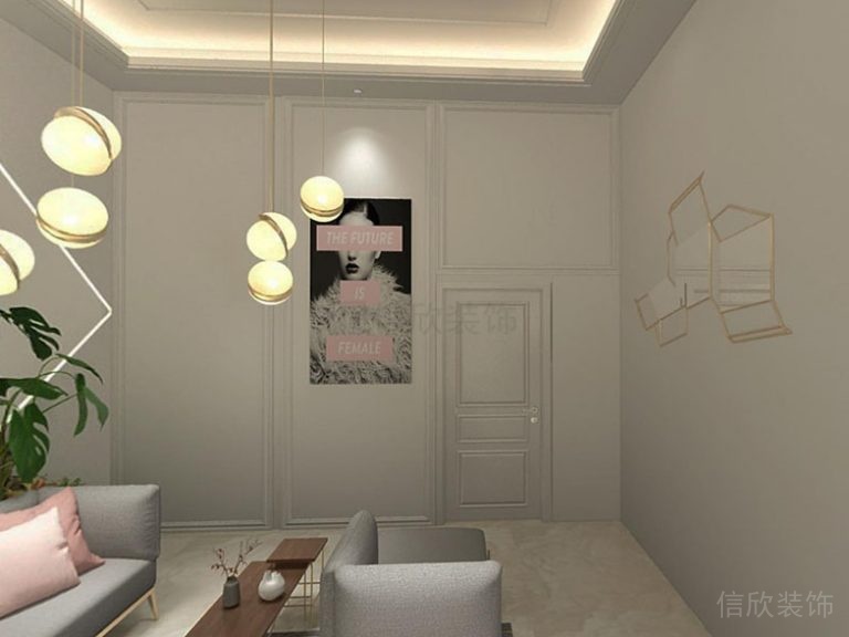 布藝沙發(fā)瓷磚地面護墻板方形天花吊頂裝修設(shè)計