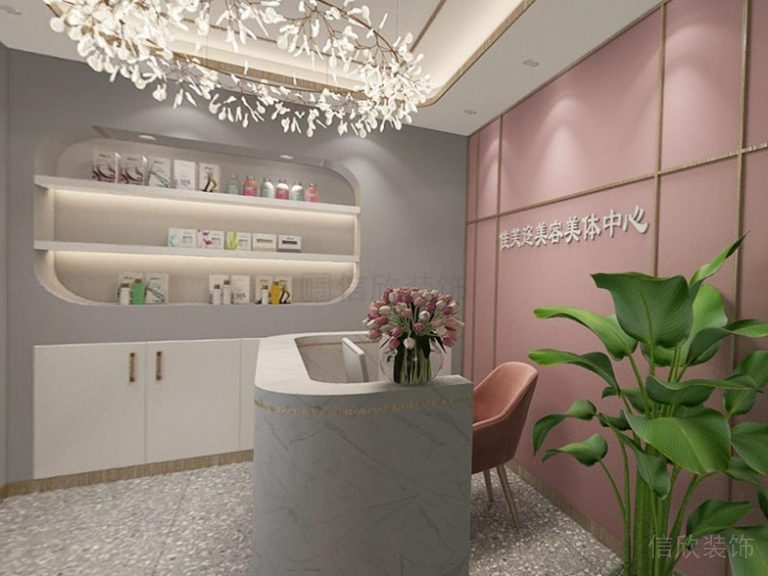 前臺(tái)接待區(qū)金屬線條背景墻方形天花吊頂裝修設(shè)計(jì)效果圖