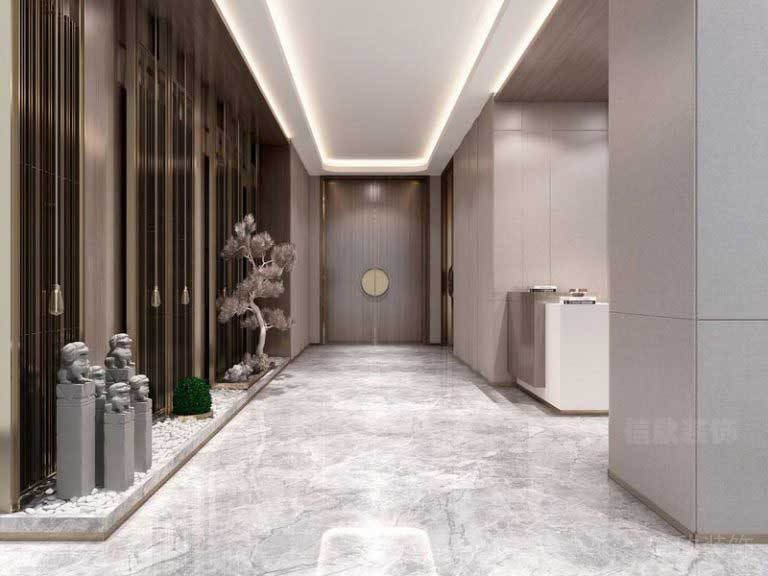 辦公室過(guò)道景觀白色石子鋪地盆景