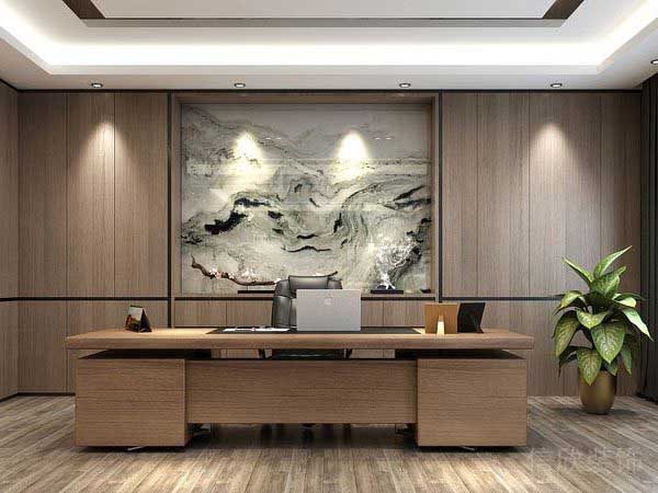 總經(jīng)理辦公室胡桃木背景墻水墨畫(huà)掛畫(huà)效果圖