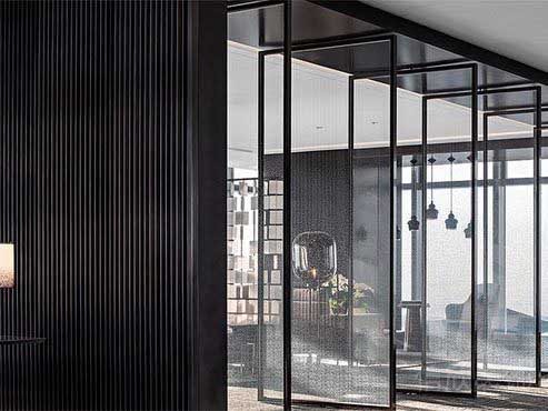 辦公室黑色邊框活動玻璃門隔斷屏風(fēng)效果圖
