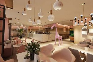 咖啡店地板磚布藝沙發(fā)造型墻面裝修設(shè)計效果圖