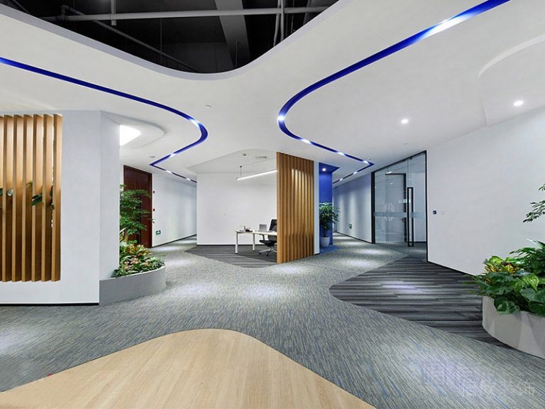 木格柵隔斷木質(zhì)地板弧形天花吊頂裝修設(shè)計效果圖