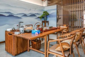 茶室屏風(fēng)背景瓷磚地面木格柵隔斷裝修設(shè)計(jì)