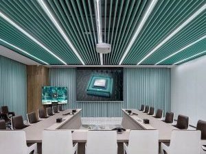 辦公室裝修設(shè)計效果圖薄荷綠色會議室環(huán)形多功能場地