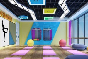 舞蹈培訓興趣班多功能教室實木地板鏤空金屬天花設(shè)計