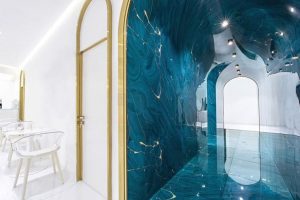 鎏金金色弧形邊框過(guò)道藍(lán)色現(xiàn)代辦公室設(shè)計(jì)圖