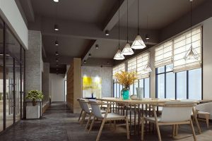 會議室橡木點綴設(shè)計家具過道灰色辦公室裝修設(shè)計