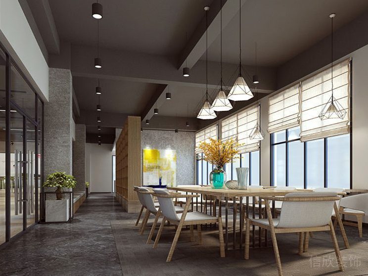 會議室橡木點(diǎn)綴設(shè)計家具過道灰色辦公室裝修設(shè)計