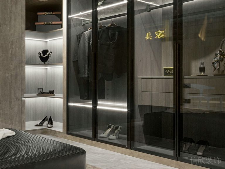 衣帽間現(xiàn)代商務(wù)風(fēng)遮光黑色玻璃裝修木質(zhì)拐角收納墻柜主臥設(shè)計圖