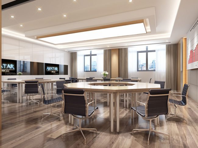 木質(zhì)地板環(huán)形小組討論機(jī)構(gòu)設(shè)計多功能教室效果圖