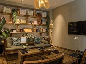 書房裝修設(shè)計森林系木質(zhì)墻面綠化收納書柜效果圖