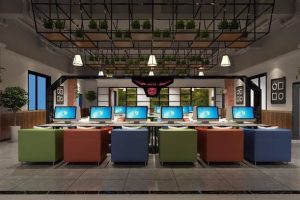 電子互聯(lián)網(wǎng)圖書館裝修設(shè)計(jì)效果圖天花金屬黑色框架設(shè)計(jì)