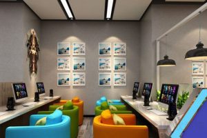 彩色對稱式設(shè)計(jì)網(wǎng)吧效果簡約現(xiàn)代北歐風(fēng)格裝修設(shè)計(jì)圖。