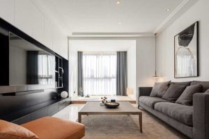 客廳裝修設(shè)計簡約地毯茶幾木質(zhì)創(chuàng)意皮革沙發(fā)家裝效果圖