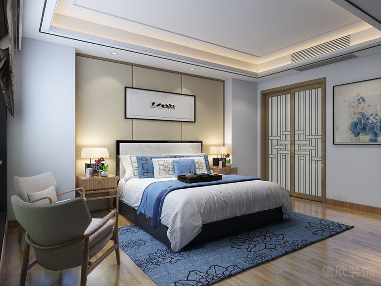 主臥裝修設(shè)計效果圖實木地板新中式風(fēng)格皮革墻體設(shè)計