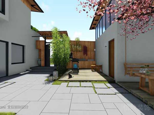 戶外中式風(fēng)庭院裝修效果圖瓷磚地臺休息區(qū)