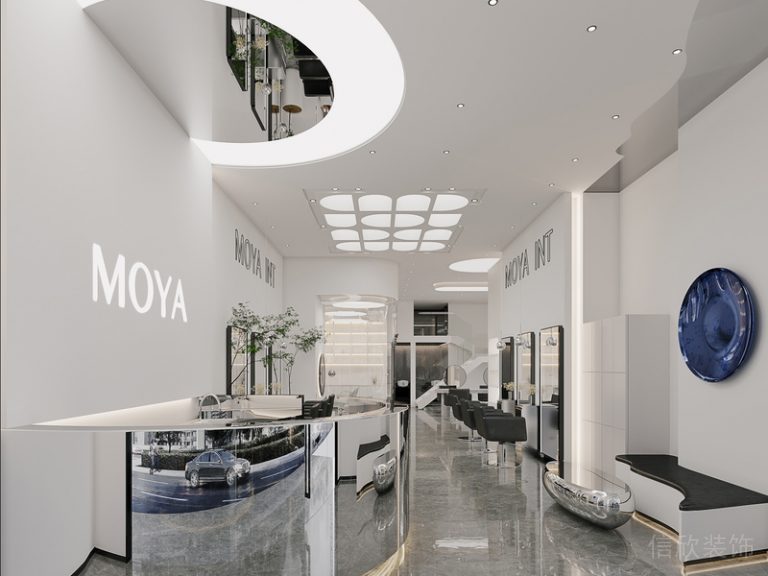 弧形理發(fā)店裝修現代未來科技感藍色墻體設計大理石過道裝修設計效果圖