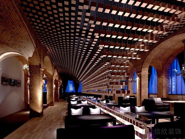 洞洞板天花弧線墻體一體式設(shè)計酒吧就餐區(qū)古典風(fēng)拱形復(fù)古墻磚過道木質(zhì)創(chuàng)意效果圖