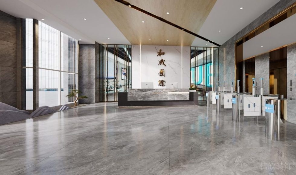 現(xiàn)代風(fēng)格辦公樓前臺(tái)服務(wù)臺(tái)形象墻裝修設(shè)計(jì)效果圖