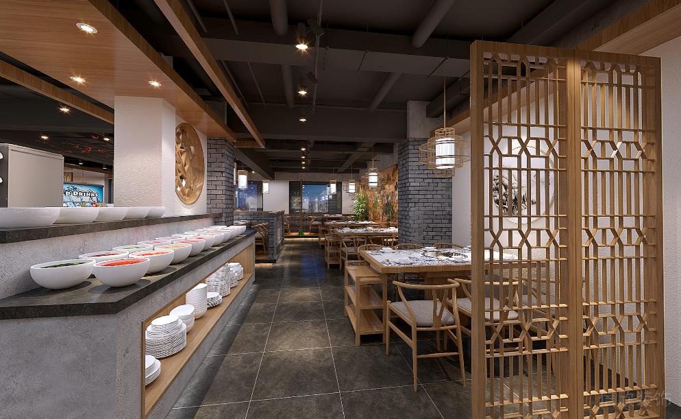 新中式風(fēng)格火鍋店菜品展示臺裝修效果圖