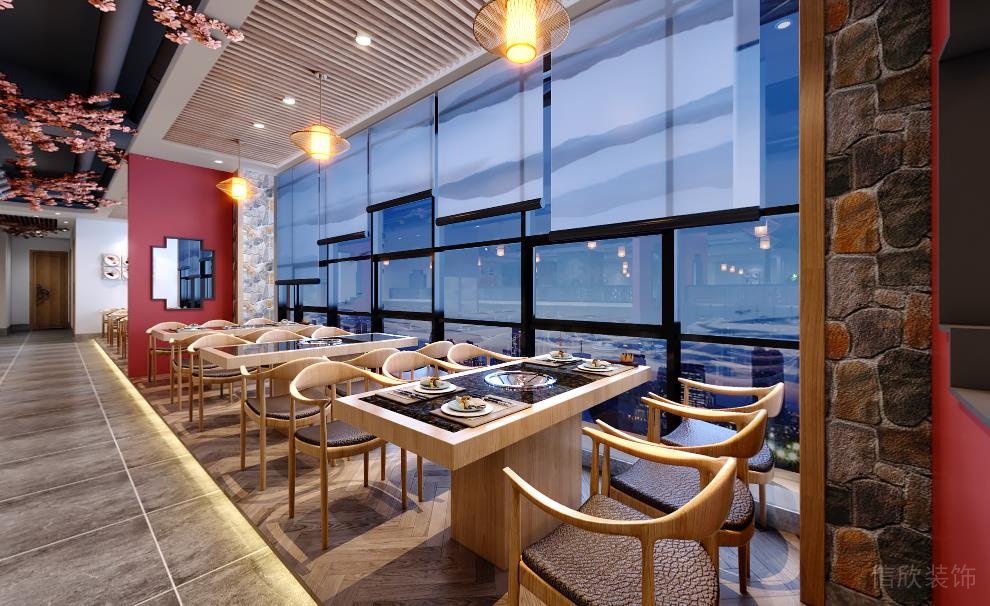 新中式風格火鍋店臨窗就餐區(qū)裝修效果圖