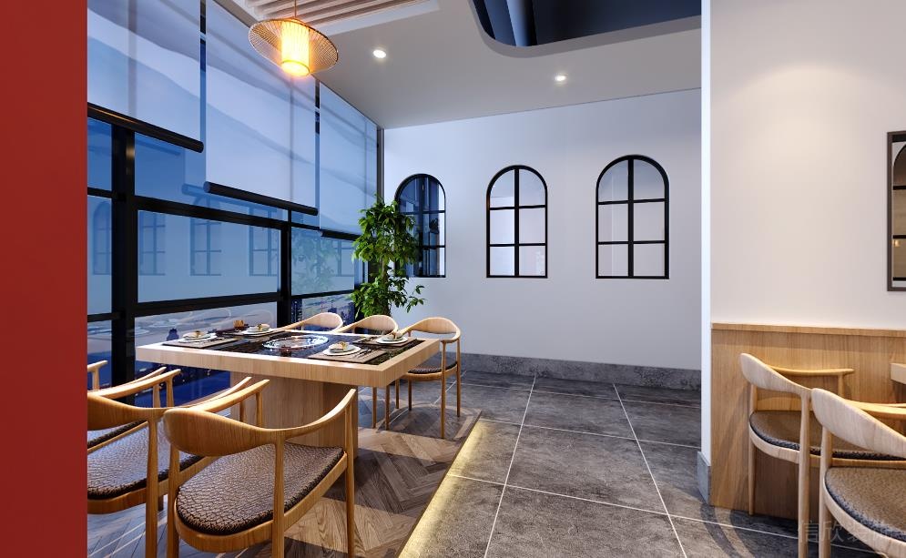 新中式風(fēng)格火鍋店6人餐區(qū)雅座裝修圖