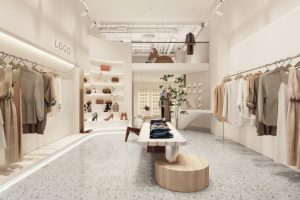 深圳市南山區(qū)華僑城現(xiàn)代風(fēng)奶油風(fēng)女裝店裝修設(shè)計(jì)原木展臺