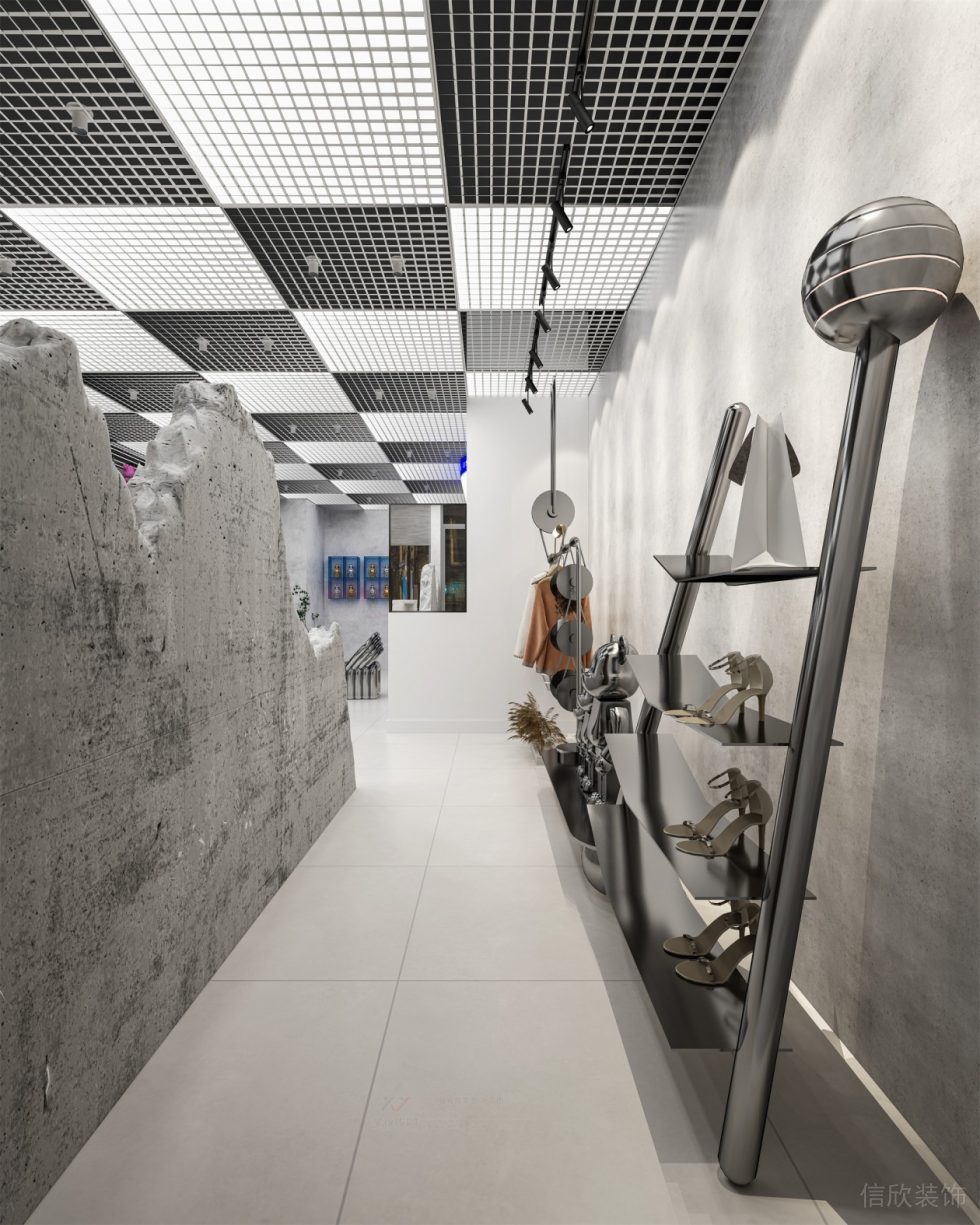 深圳市寶安區(qū)石巖300平現(xiàn)代風服裝店鐵藝鞋架裝修設計