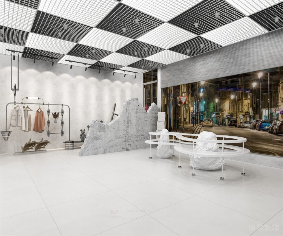 深圳市寶安區(qū)石巖300平現(xiàn)代風服裝店假山石裝修設計