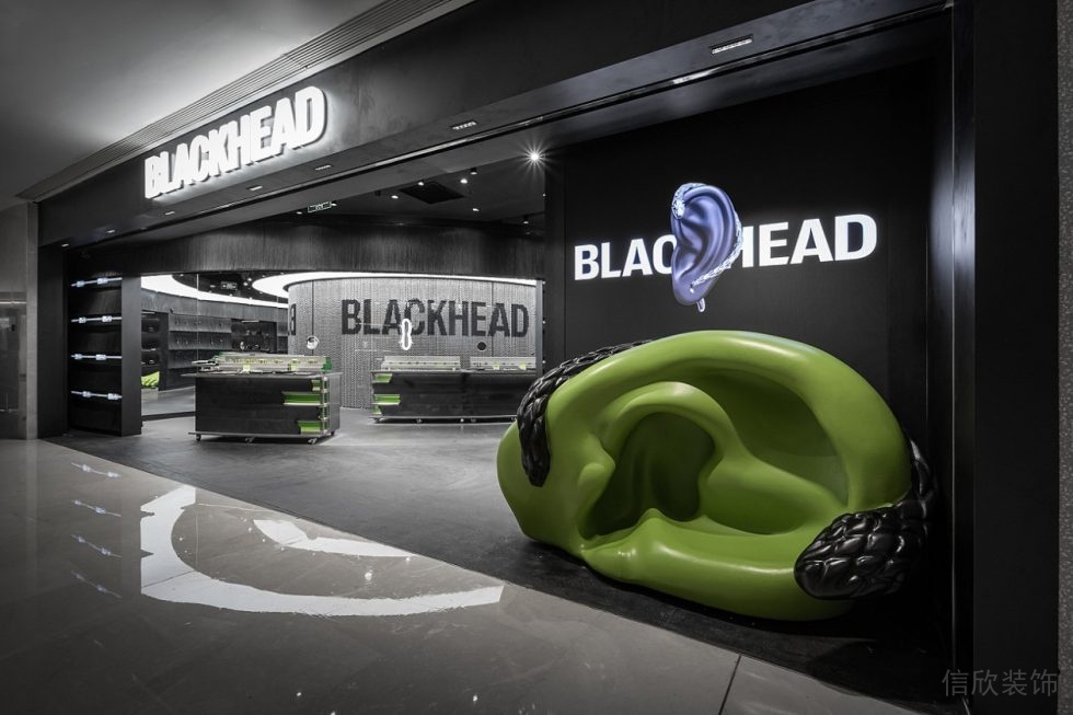 店鋪裝潢藝術(shù)裝置黑色耳朵戶外休息區(qū)店鋪黑白色調(diào)效果圖