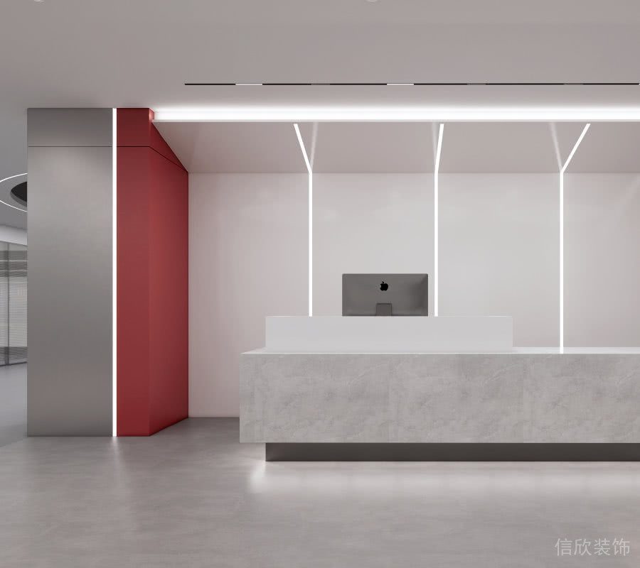 大廳裝修效果大理石前臺(tái)區(qū)紅色墻柱創(chuàng)意設(shè)計(jì)內(nèi)嵌式燈帶線條造型間隔設(shè)計(jì)