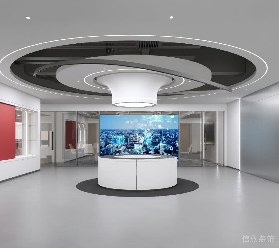 圓形顯示屏路口線條造型黑白色調(diào)設(shè)計工作室辦公室裝修大廳